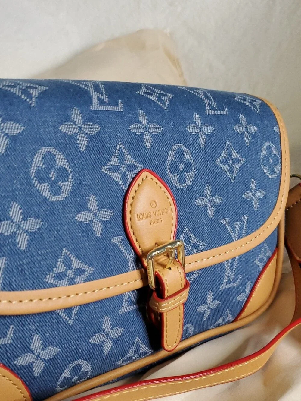 Blue Monogram Denim Crossbody with Tan Trim and Pink Accent Strap